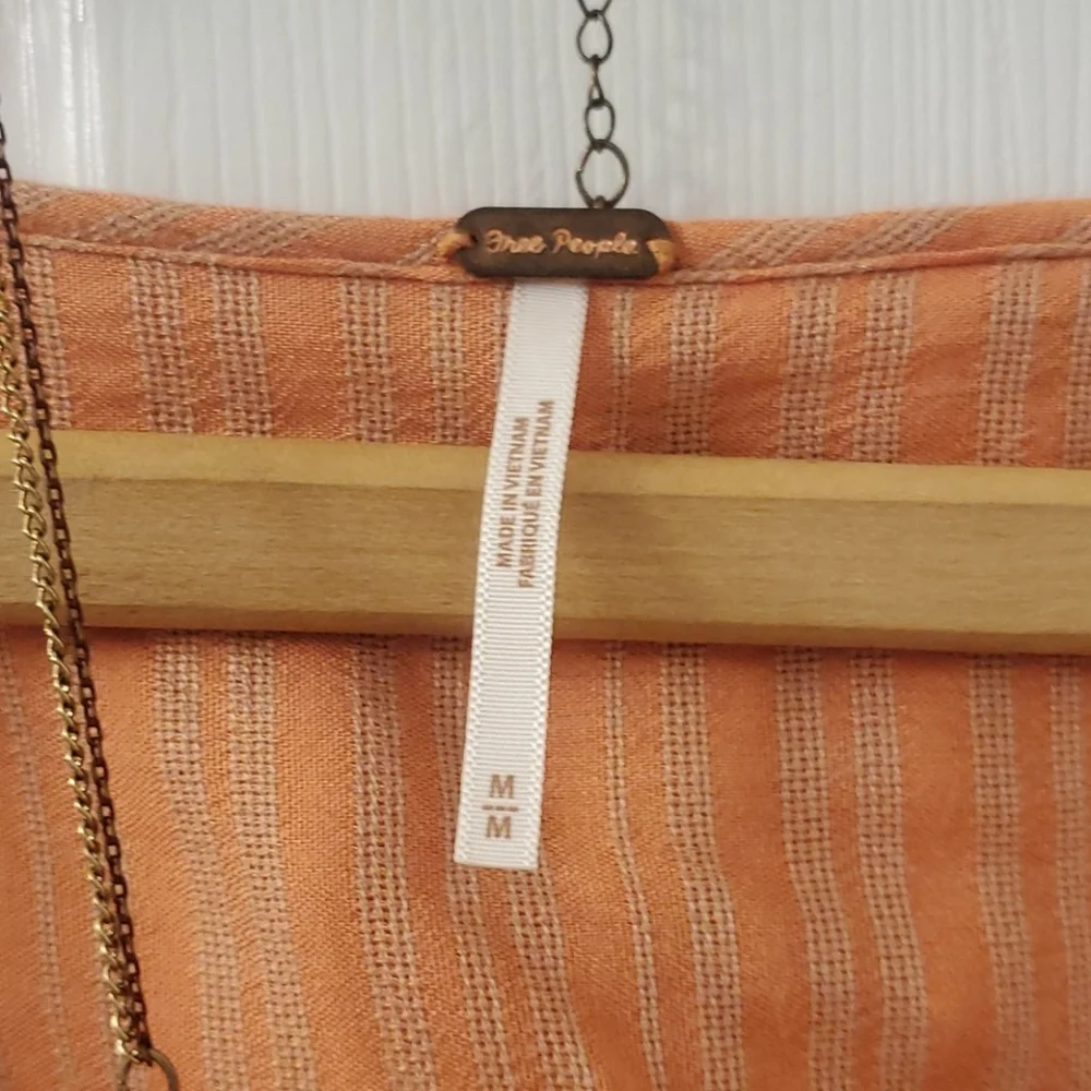 FREE PEOPLE Rosemary Ruffle Peasant Boho Tie Front Top Coral Stripe NWT